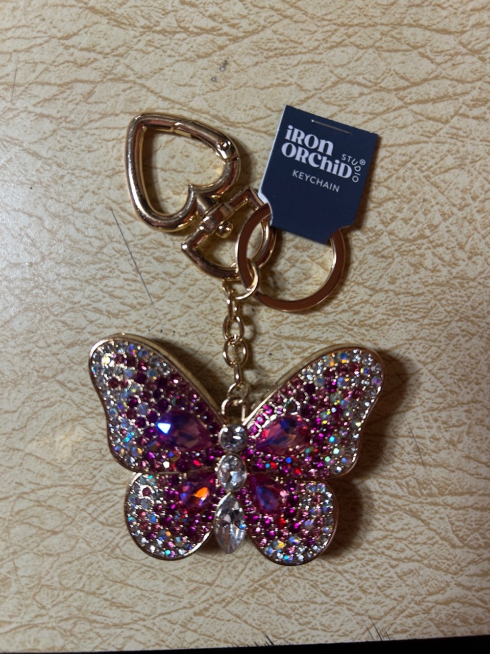 Iron Orchid Studio Gold-Tone Pink Crystal Butterfly Key & Card Holder Charm